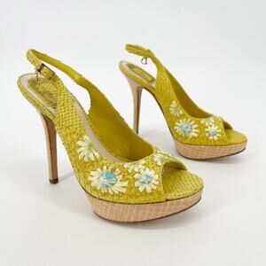 Dior Yellow Python Snakeskin Raffia Embroidered Slingback Platform Heels EU 38
